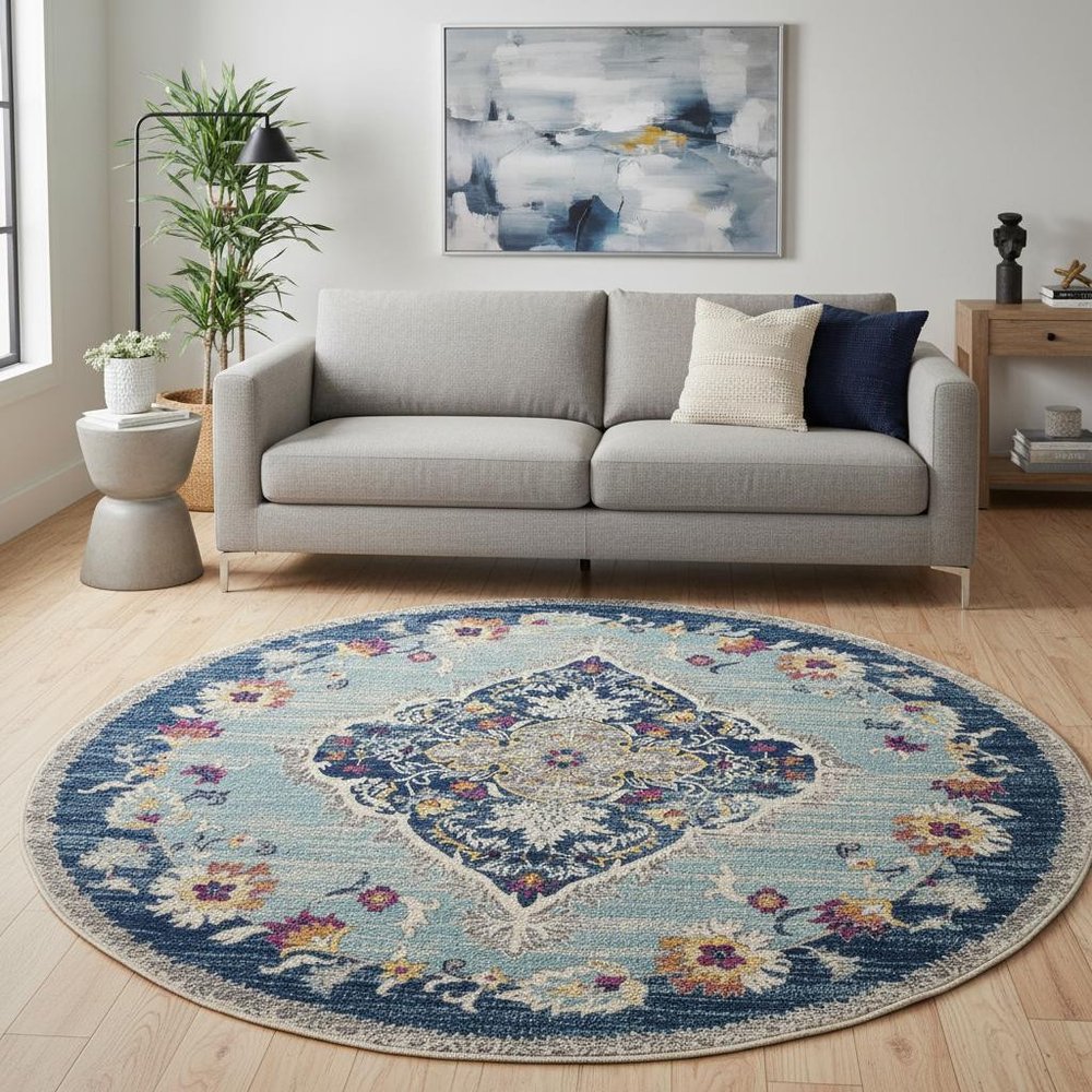 8' Blue And Beige Round Oriental Washable Non Skid Area Rug