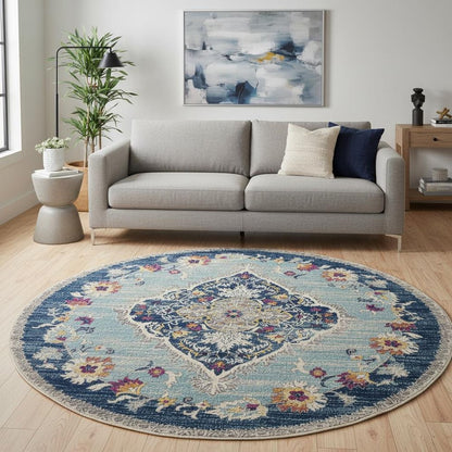 8' Blue And Beige Round Oriental Washable Non Skid Area Rug