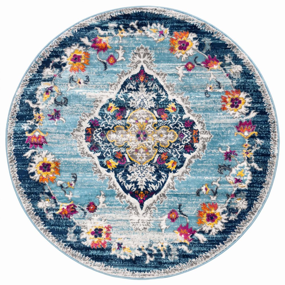 8' Blue And Beige Round Oriental Washable Non Skid Area Rug