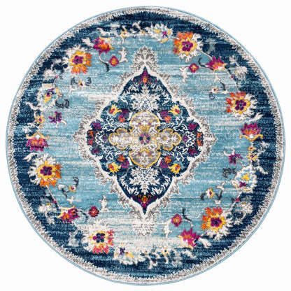 8' Blue And Beige Round Oriental Washable Non Skid Area Rug