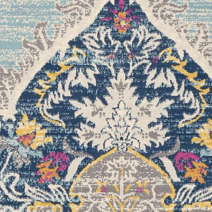 8' Blue And Beige Round Oriental Washable Non Skid Area Rug