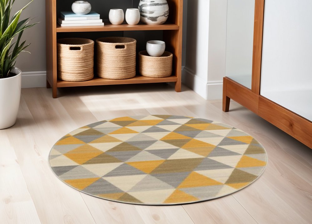 5' Yellow Round Geometric Washable Non Skid Area Rug