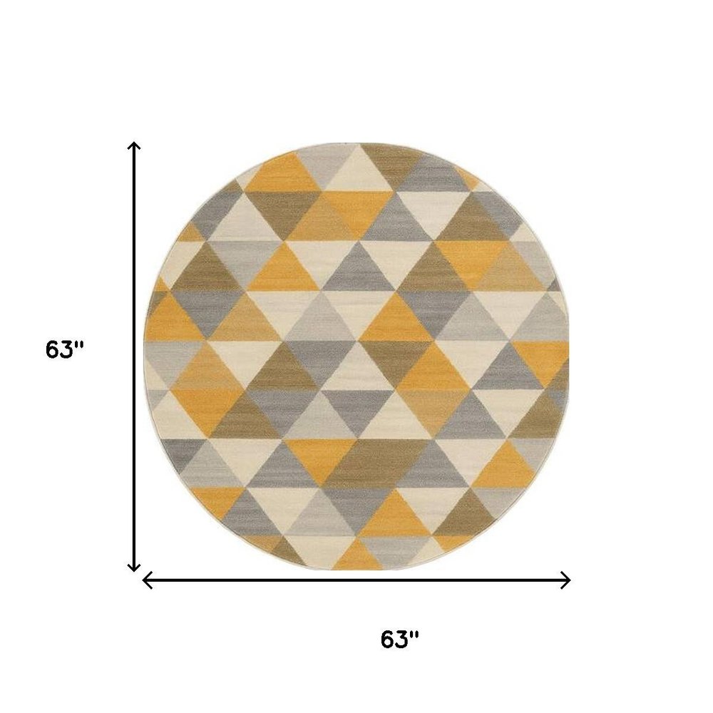 5' Yellow Round Geometric Washable Non Skid Area Rug