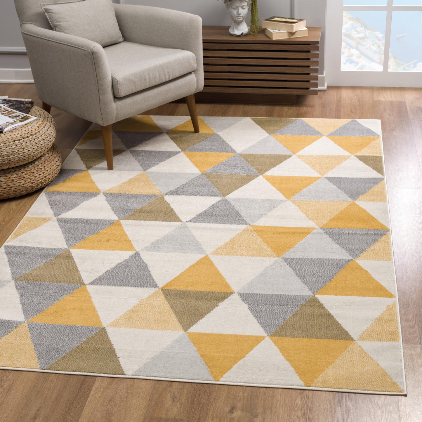 5' Yellow Round Geometric Washable Non Skid Area Rug