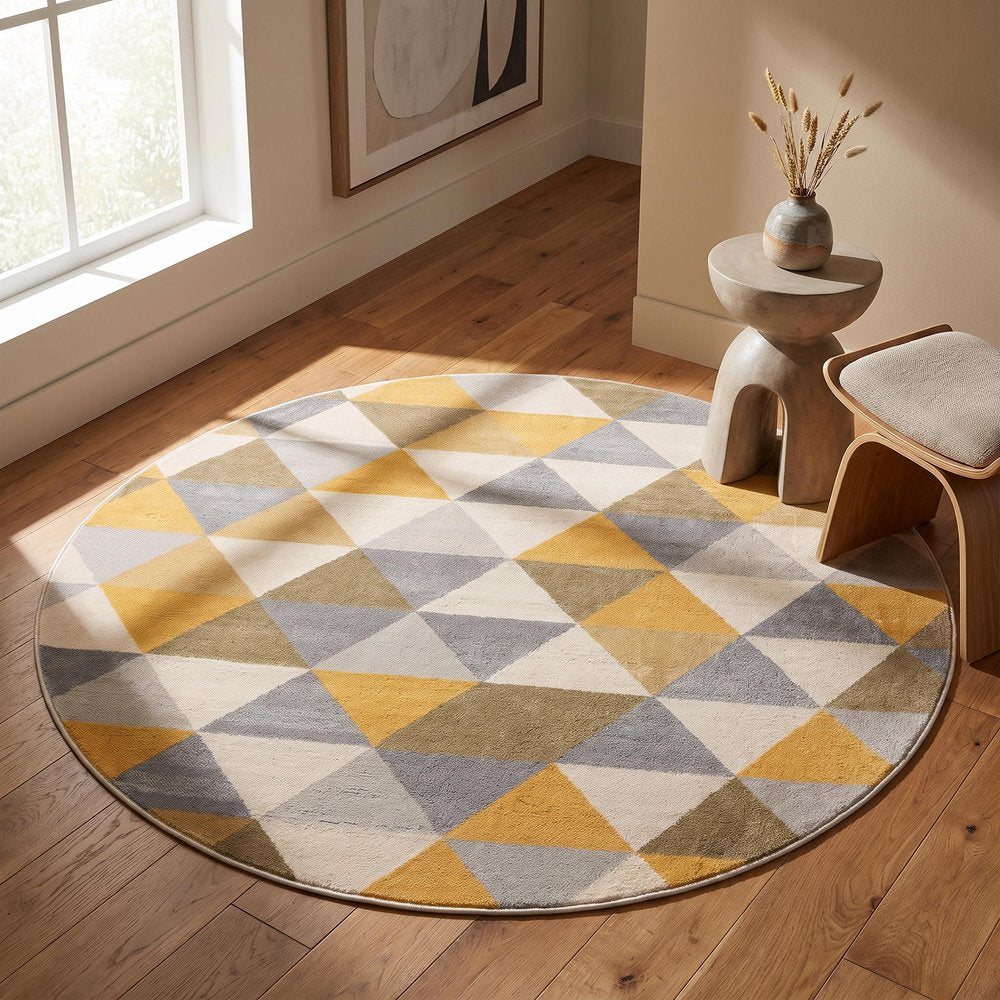 8' Yellow Round Geometric Washable Non Skid Area Rug