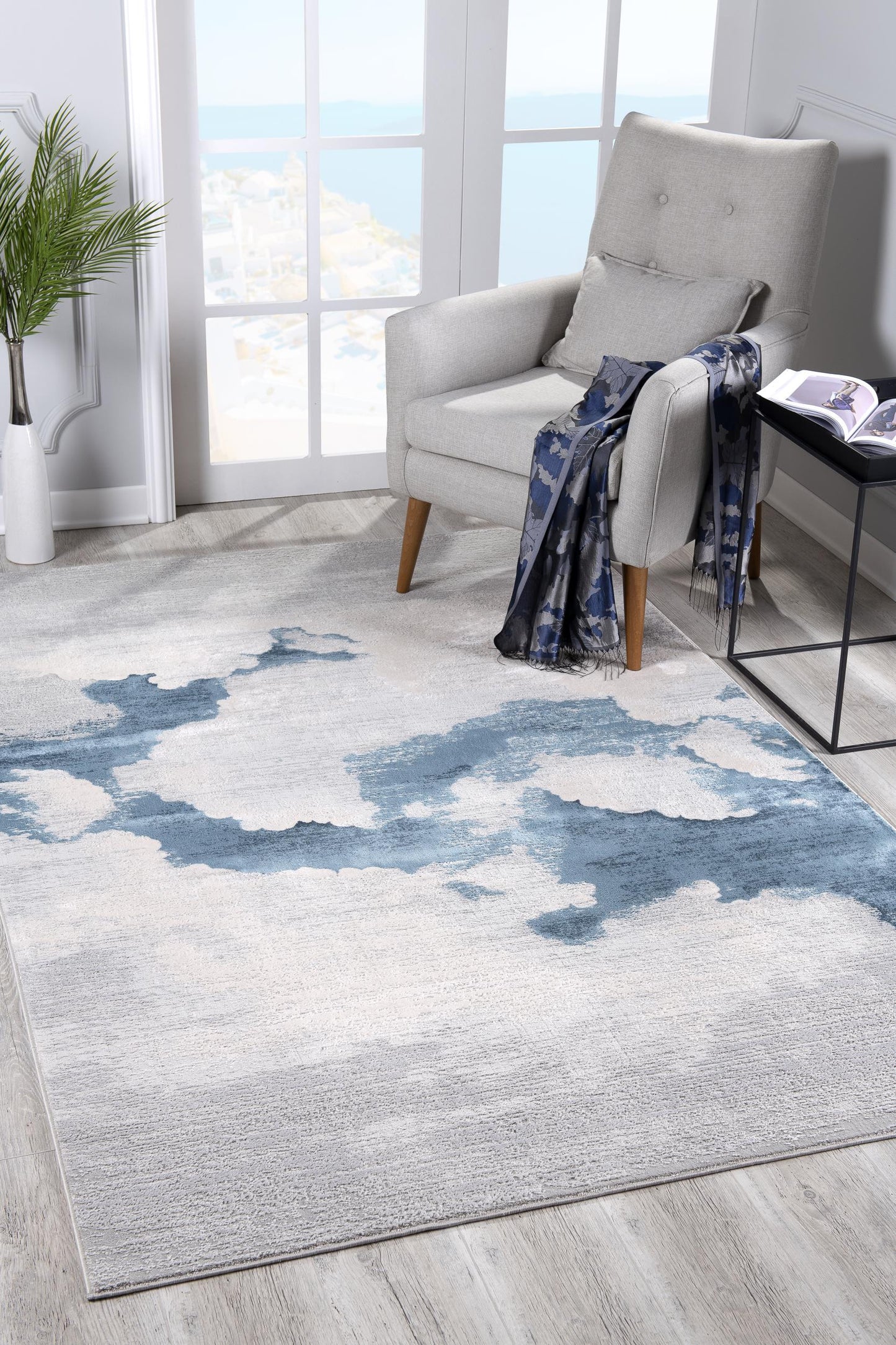 10' Runner Blue and Gray Abstract Washable Non Skid Area Rug