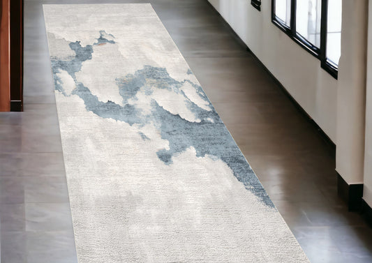 10' Runner Blue and Gray Abstract Washable Non Skid Area Rug