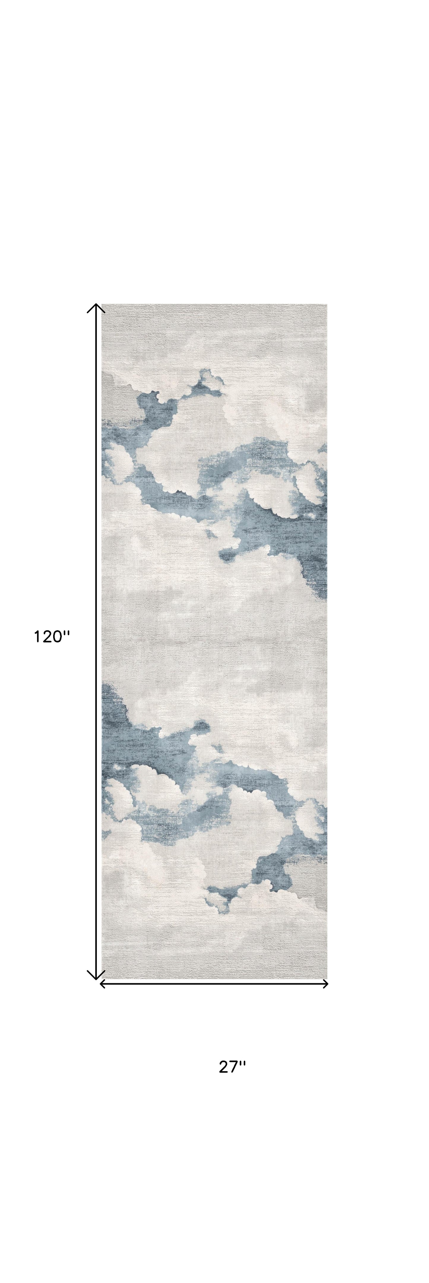 10' Runner Blue and Gray Abstract Washable Non Skid Area Rug