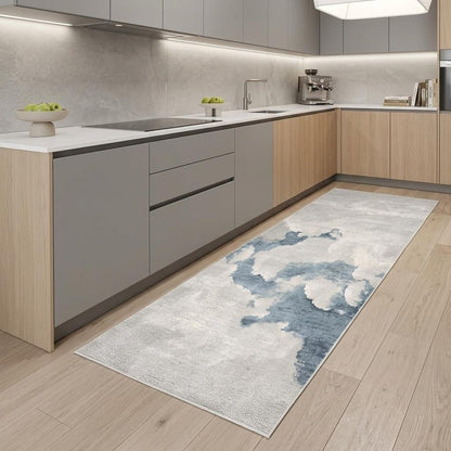 8' Blue And Gray Abstract Washable Runner Rug