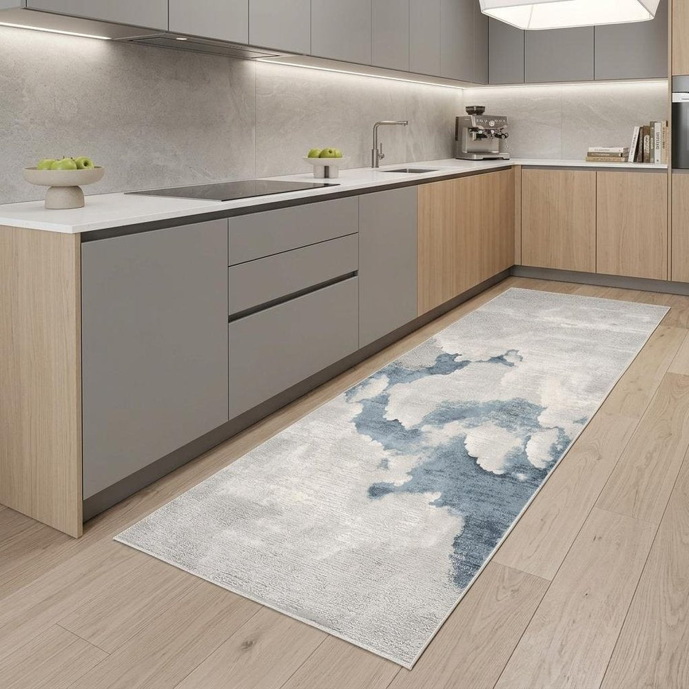 8' Blue And Gray Abstract Washable Runner Rug