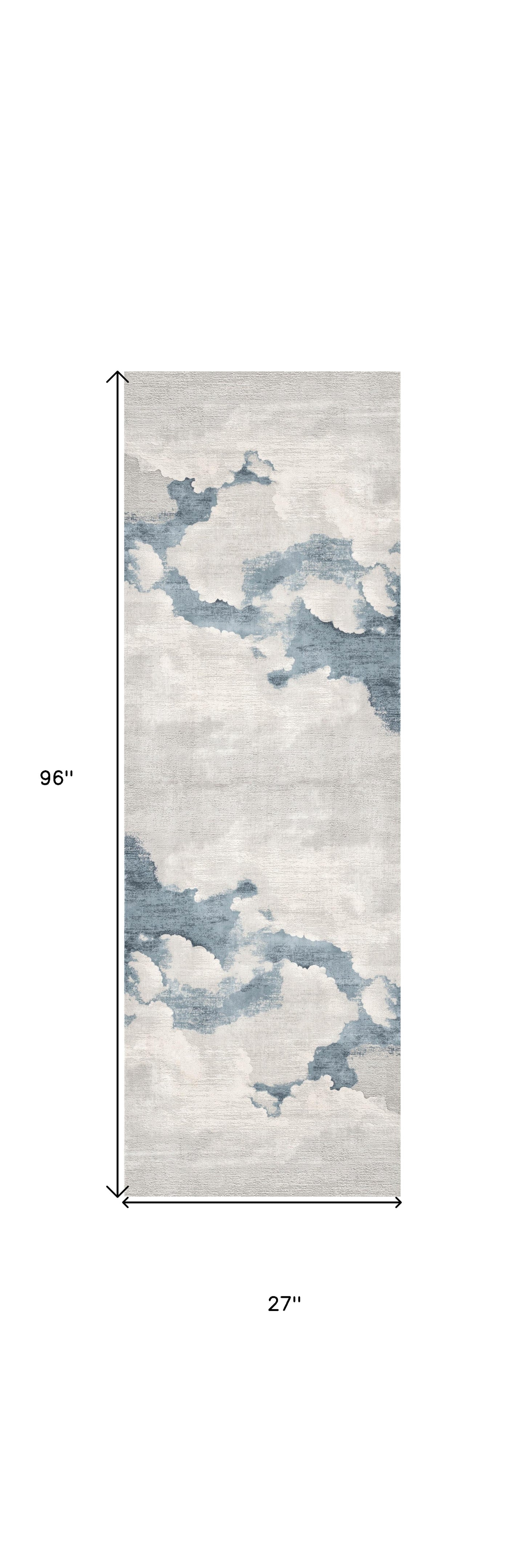 8' Runner Blue and Gray Abstract Washable Non Skid Area Rug