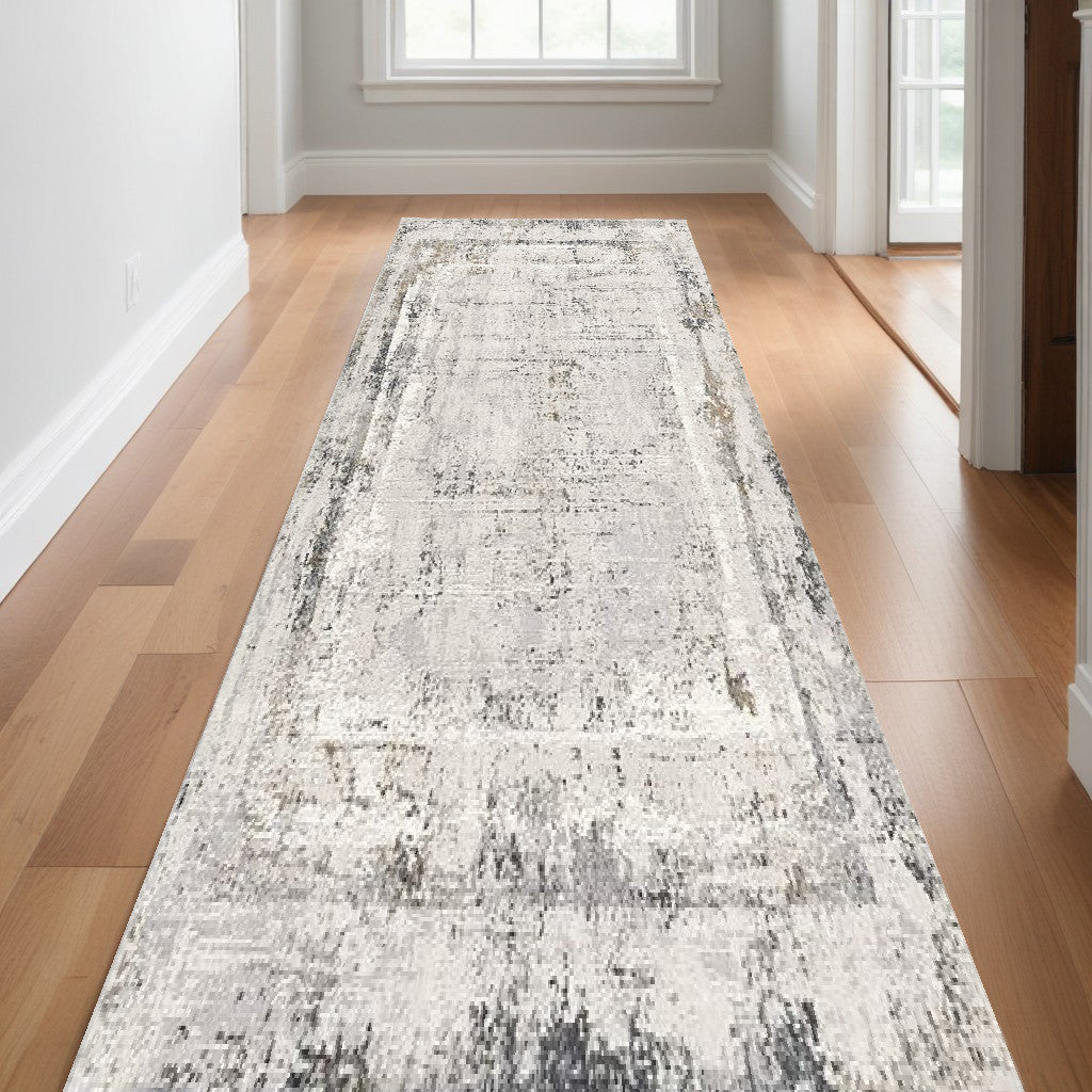 10' Gray and Ivory Abstract Distressed Runner Rug