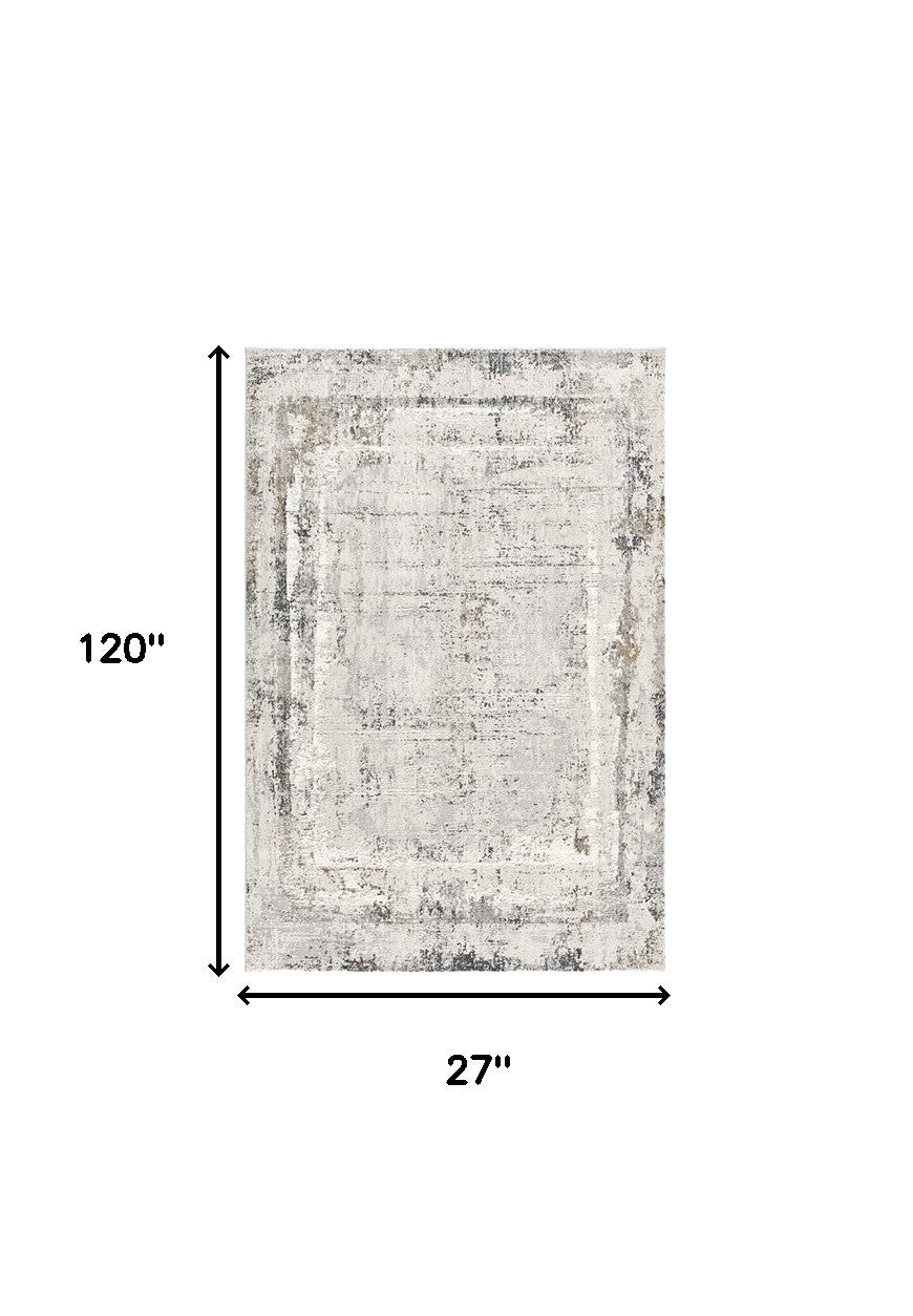 10' Gray and Ivory Abstract Distressed Runner Rug