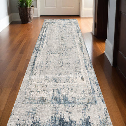 13' Gray and Ivory Abstract Distressed Runner Rug