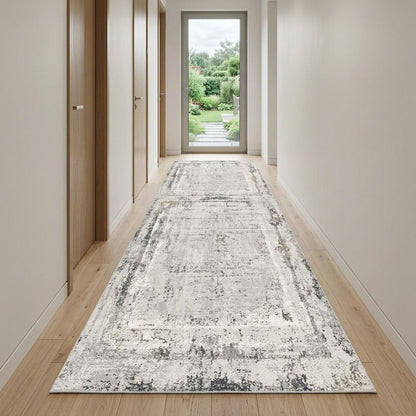 15' Gray and Ivory Abstract Distressed Runner Rug