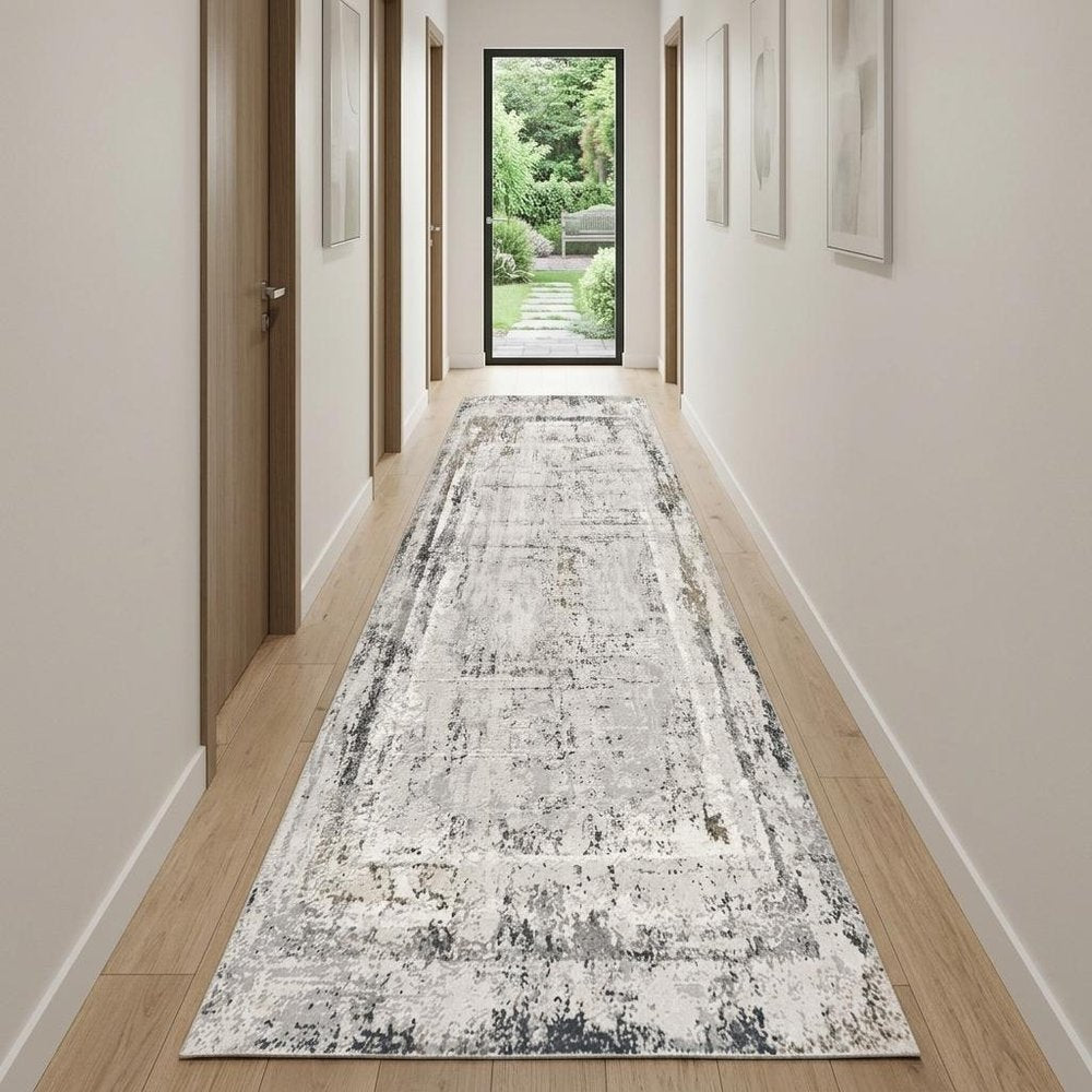 15' Gray and Ivory Abstract Distressed Runner Rug