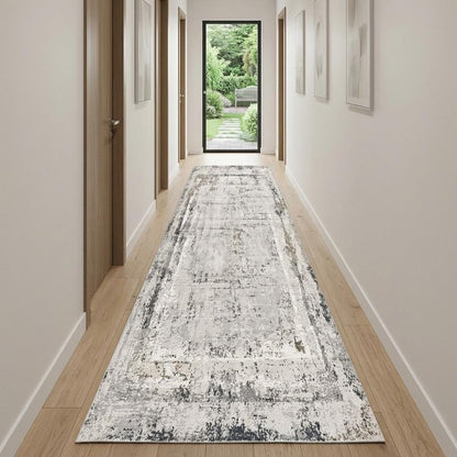 15' Gray and Ivory Abstract Distressed Runner Rug