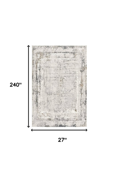 20' Gray and Ivory Abstract Distressed Runner Rug