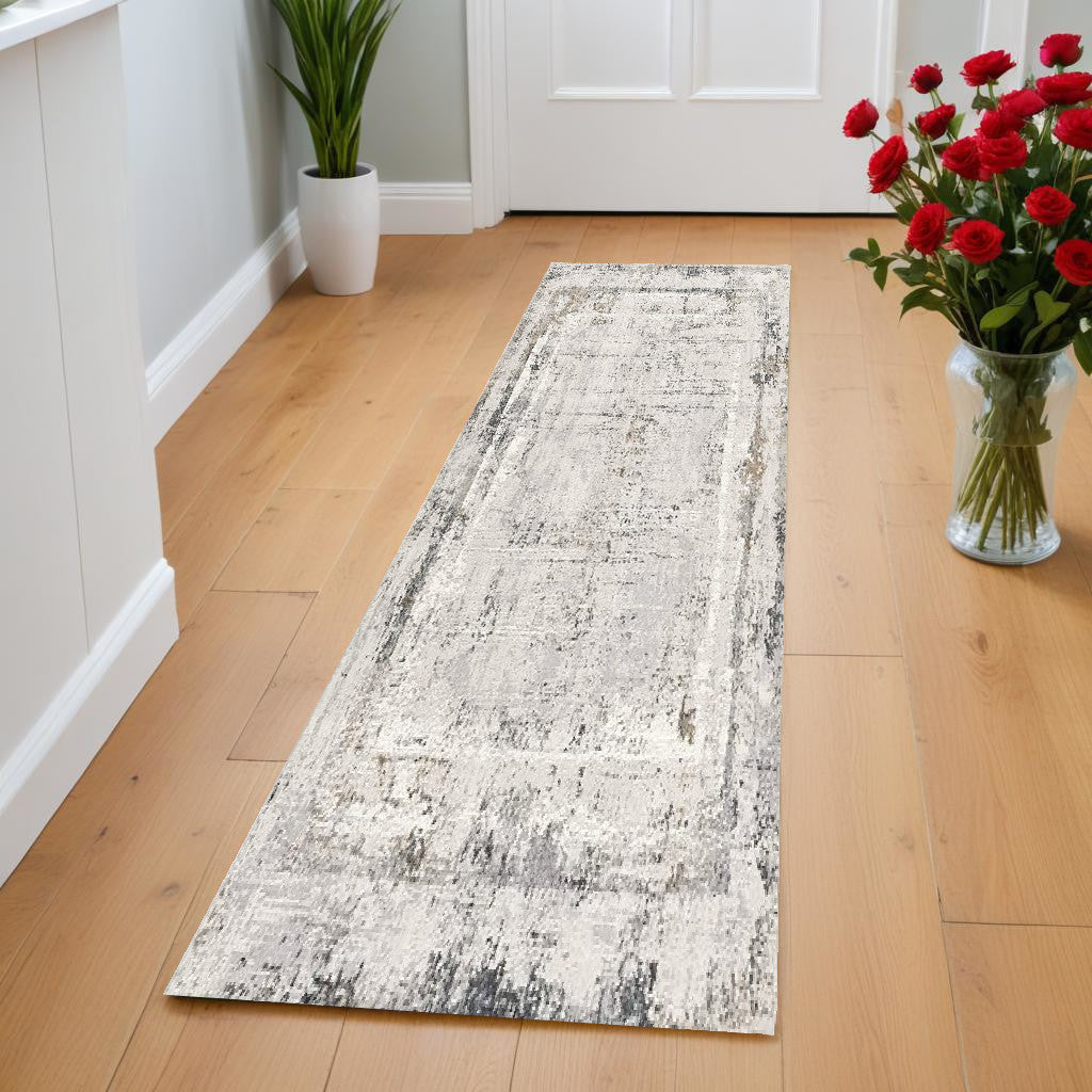 8' Gray and Ivory Abstract Distressed Runner Rug