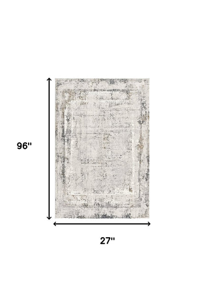 8' Gray and Ivory Abstract Distressed Runner Rug