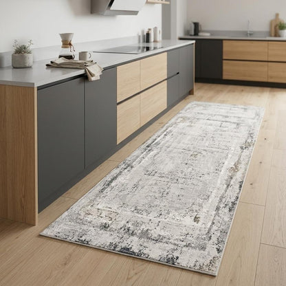 8' Gray and Ivory Abstract Distressed Runner Rug