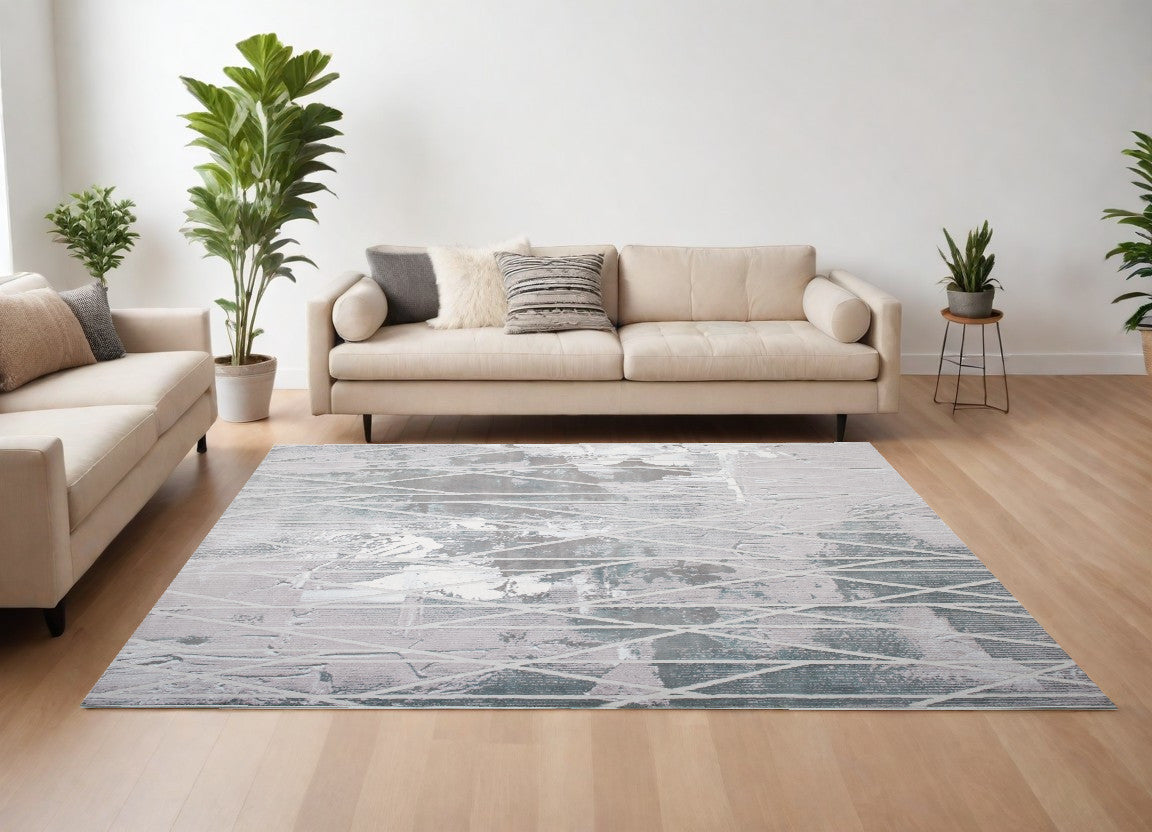 7' X 9' Blue And Gray Abstract Washable Non Skid Area Rug