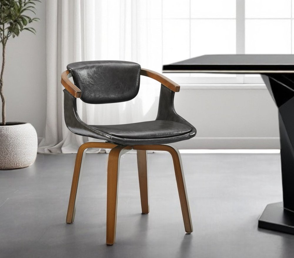 Gray and Brown Upholstered Faux Leather Dining Arm Chair