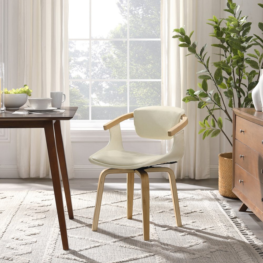 Off White and Natural Upholstered Faux Leather Dining Arm Chair
