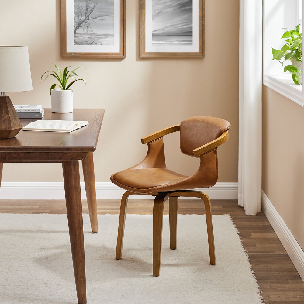 Brown And Natural Upholstered Faux Leather Dining Arm Chair