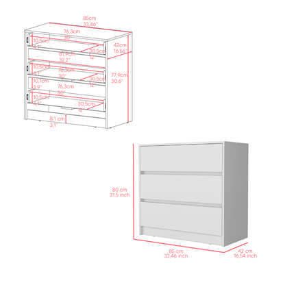 33" White Three Drawer Dresser