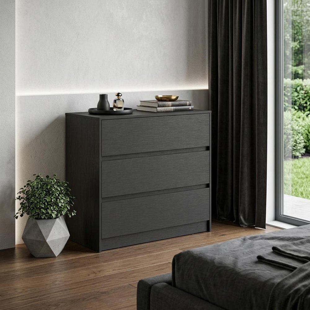 33" Black Wood Three Drawer Dresser