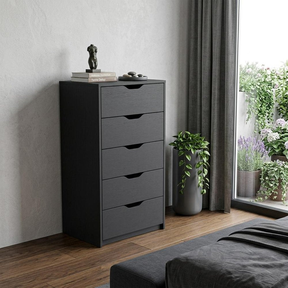 18" Black Wood Five Drawer Dresser