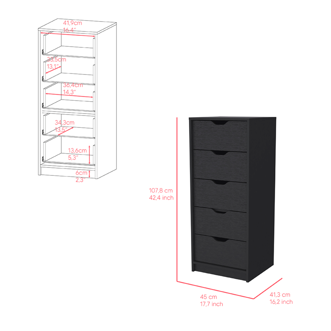 18" Black Five Drawer Standard Chest