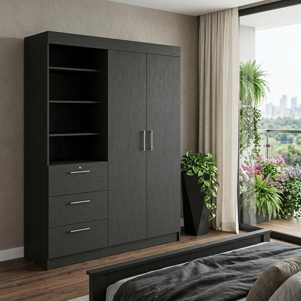 79" Black Wood Two Door Three Drawer Combo Dresser