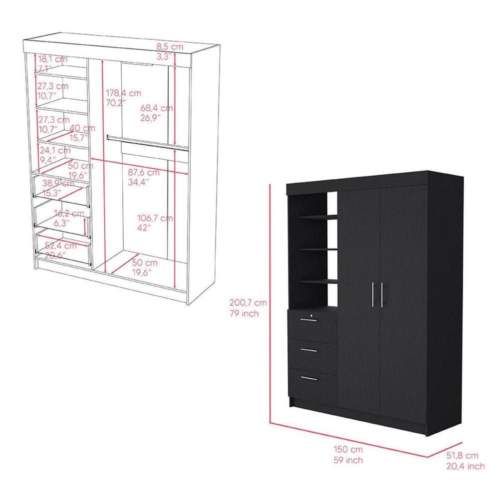 79" Black Wood Two Door Three Drawer Combo Dresser