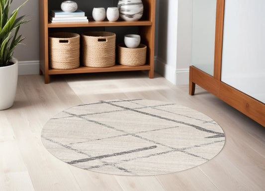 5' Beige and Gray Abstract Distressed Round Rug