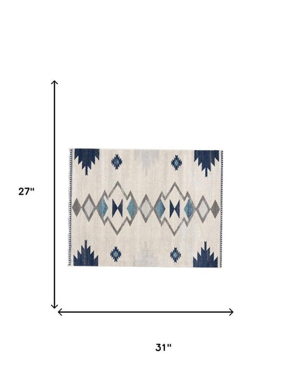 2' X 3' Blue and Beige Southwestern Non Skid Area Rug