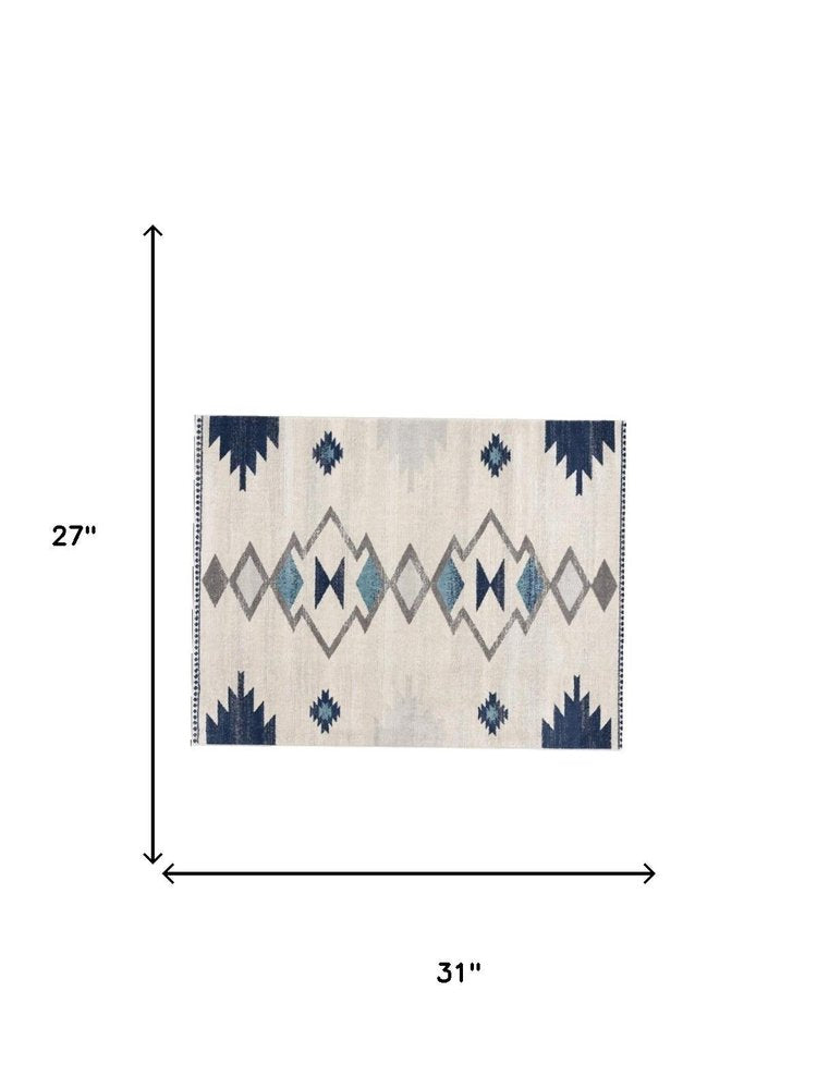2' X 3' Blue and Beige Southwestern Non Skid Area Rug