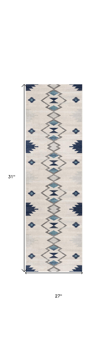 2' X 3' Blue and Beige Southwestern Non Skid Area Rug