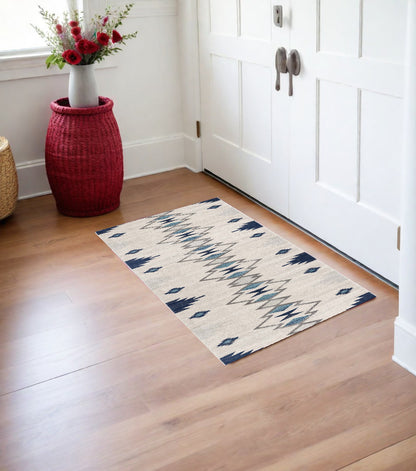 2' X 3' Blue and Beige Southwestern Non Skid Area Rug