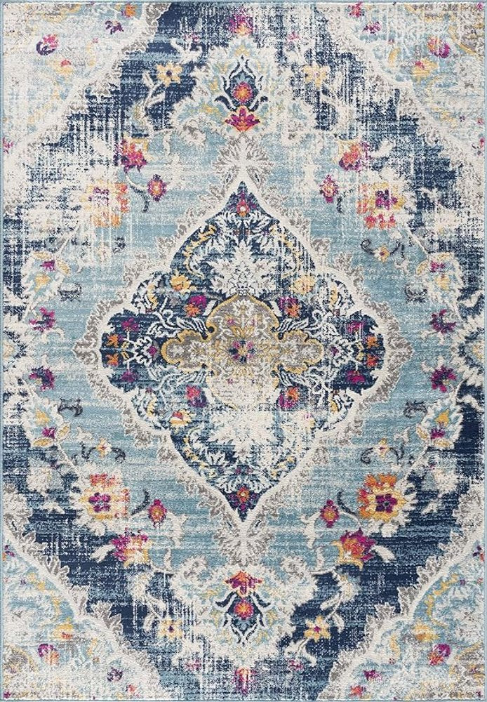 2' X 3' Blue And Beige Oriental Washable Non Skid Area Rug