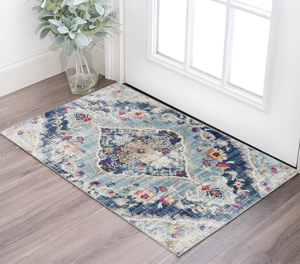 2' X 3' Blue And Beige Oriental Washable Non Skid Area Rug