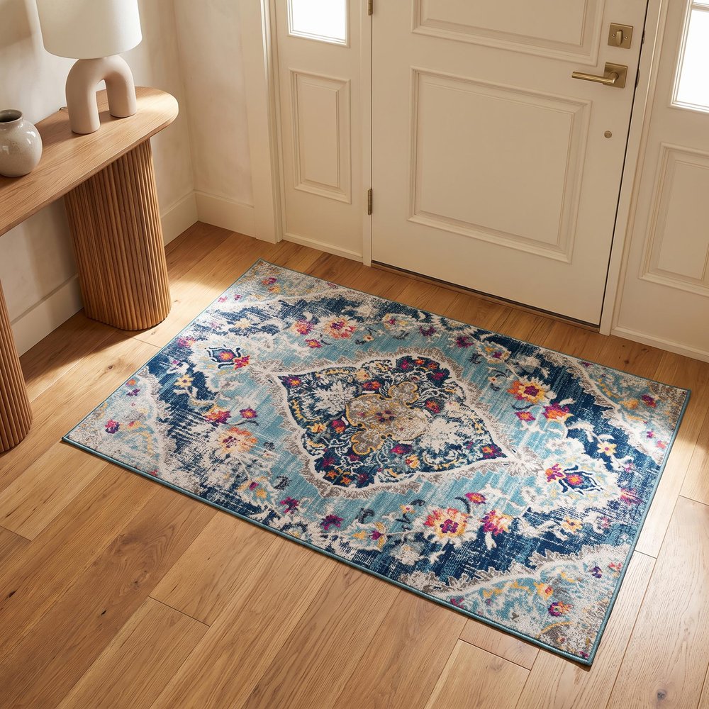 2' X 3' Blue And Beige Oriental Washable Non Skid Area Rug