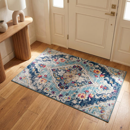 2' X 3' Blue And Beige Oriental Washable Non Skid Area Rug