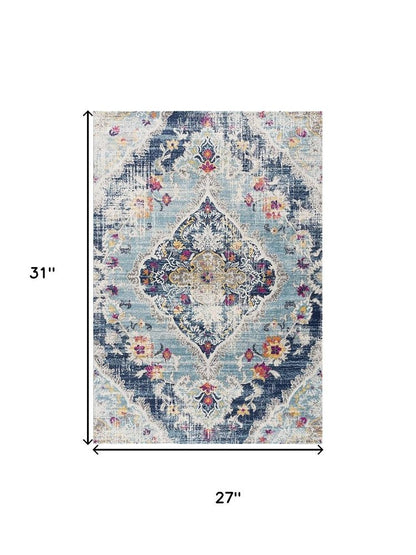 2' X 3' Blue And Beige Oriental Washable Non Skid Area Rug