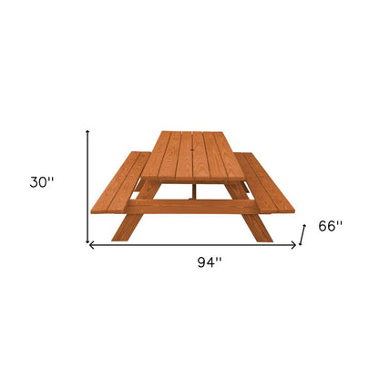 94" Brown Solid Wood Outdoor Picnic Table with Umbrella Hole