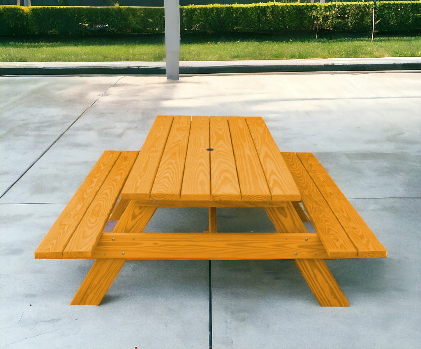 94" Natural Solid Wood Outdoor Picnic Table with Umbrella Hole