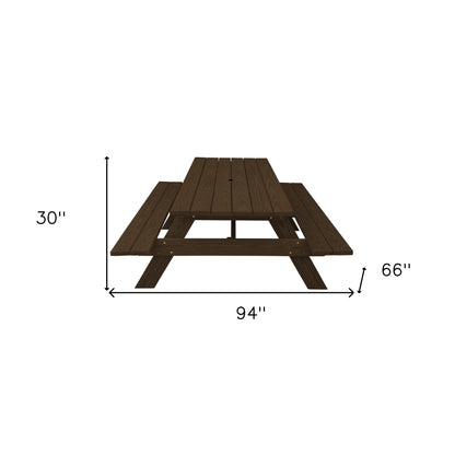 94" Dark Brown Solid Wood Outdoor Picnic Table with Umbrella Hole