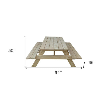 94" Beige Solid Wood Outdoor Picnic Table with Umbrella Hole