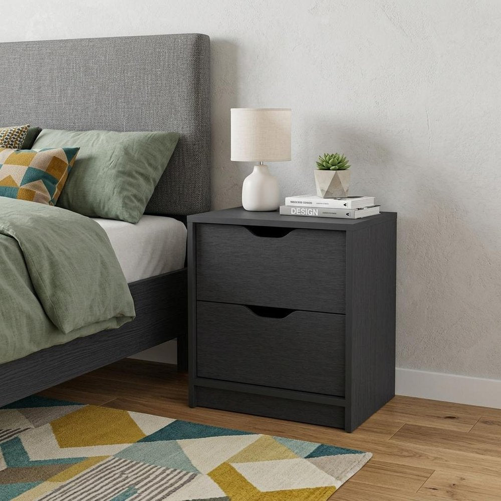 19" Black Wood Two Drawer Nightstand